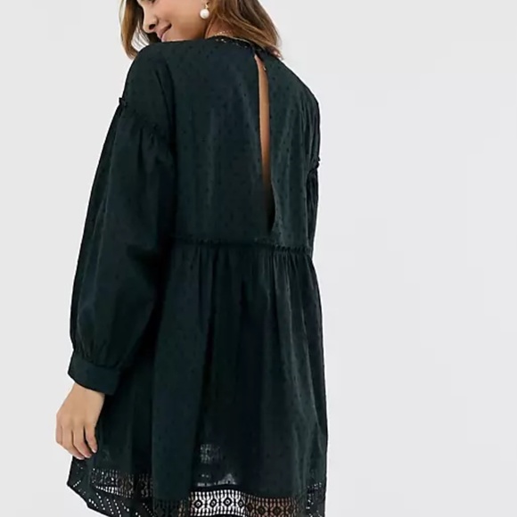 Black textured high neck mini smock dress with lace trim - Picture 3 of 7